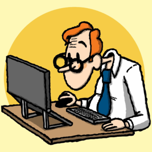 Individu assis en mauvaise posture devant un ordinateur, penché en avant, causant un risque de troubles musculo-squelettiques au poste de travail.